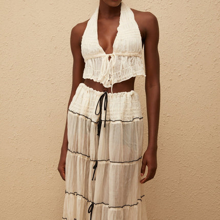 Aveline Cream White Bowknot Shirred Top & Skirt Set
