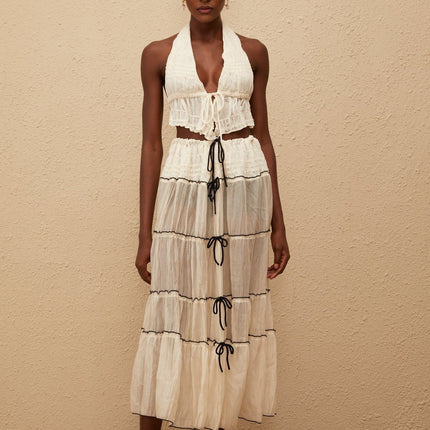 Aveline Cream White Bowknot Shirred Top & Skirt Set