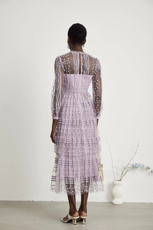 Avery Purple Embroidered Midi Dress