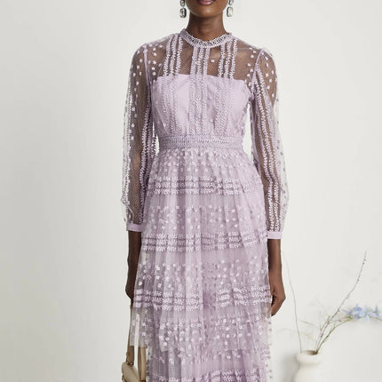Avery Purple Embroidered Midi Dress