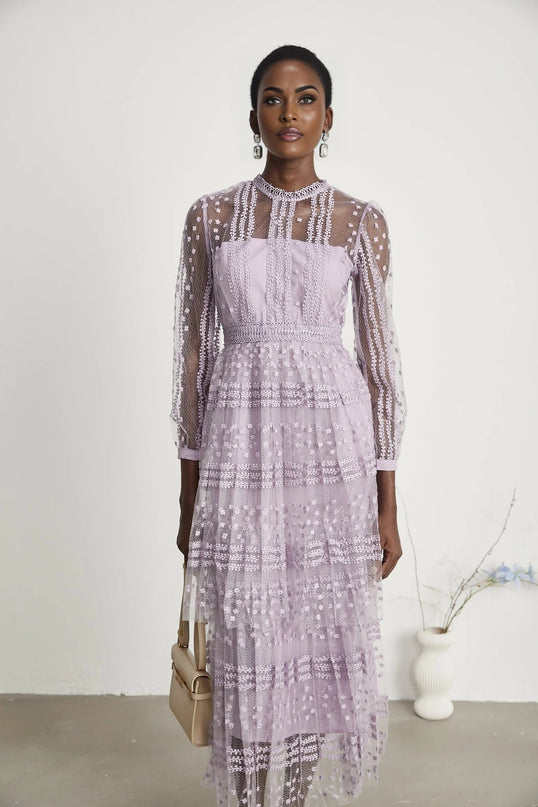 Avery Purple Embroidered Midi Dress