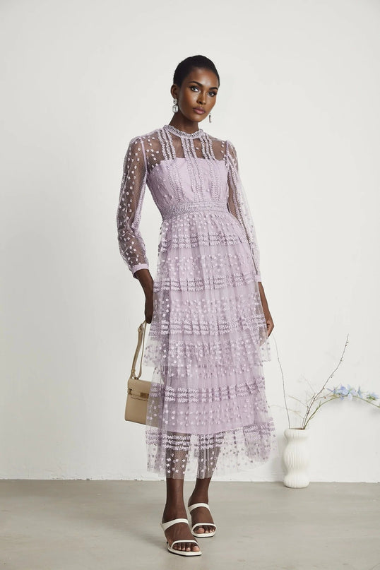 Avery Purple Embroidered Midi Dress