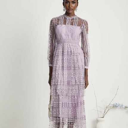 Avery Purple Embroidered Midi Dress