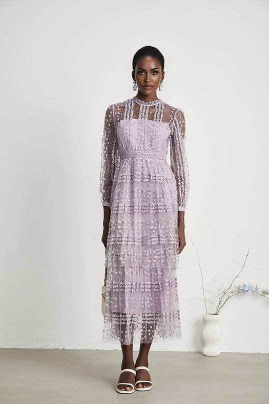 Avery Purple Embroidered Midi Dress