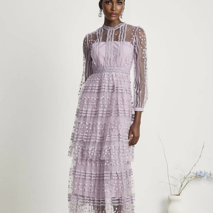Avery Purple Layered Semi-Sheer Midi Dress with Puff Sleeves