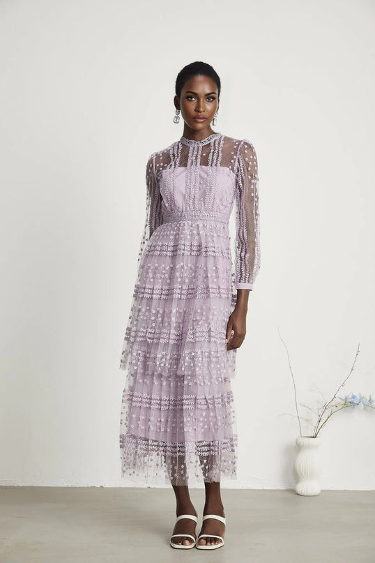 Avery Purple Layered Semi-Sheer Midi Dress with Puff Sleeves