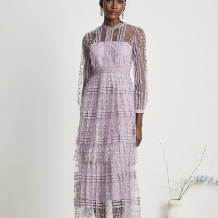 Avery Purple Midi Dress with Long Puff Sleeves and Ethereal Semi-Sheer Design