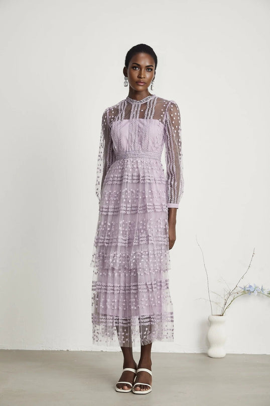 Avery Purple Midi Dress with Long Puff Sleeves and Ethereal Semi-Sheer Design