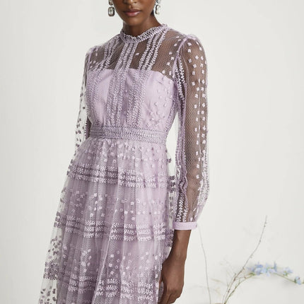 Avery Purple Midi Dress with Long Puff Sleeves and Semi-Sheer Design