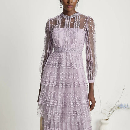 Avery Purple Midi Dress with Long Puff Sleeves and Flounce Hem