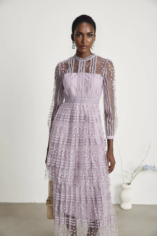 Avery Purple Midi Dress with Long Puff Sleeves and Flounce Hem