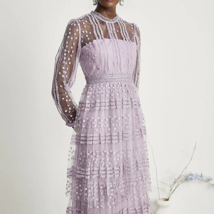 Avery Purple Midi Dress with Long Puff Sleeves and Ethereal Charm