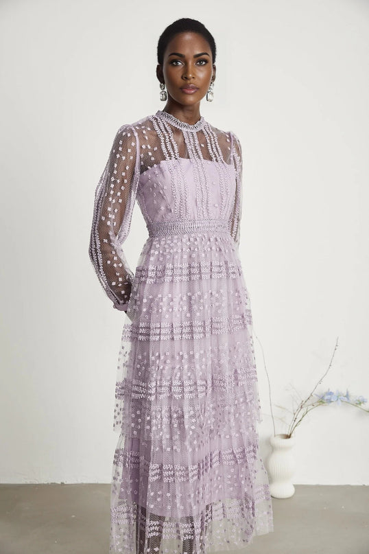 Avery Purple Midi Dress with Long Puff Sleeves and Ethereal Charm