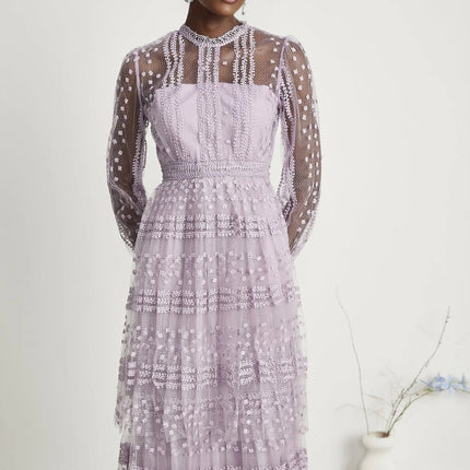 Avery Purple Midi Dress with Puff Sleeves and Ethereal Charm