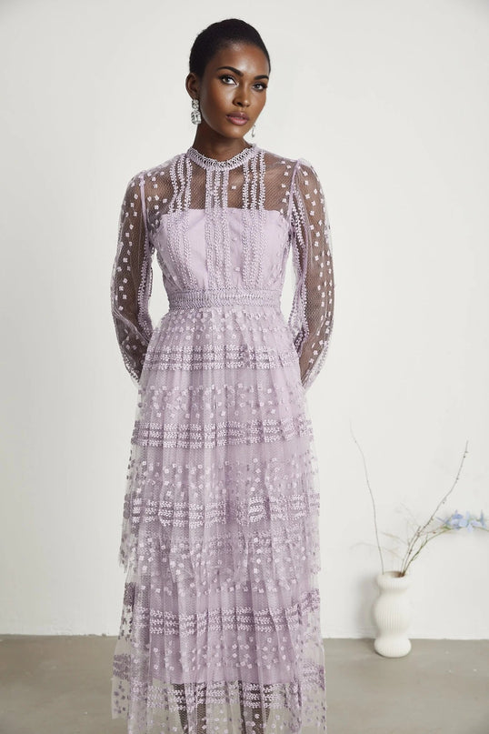 Avery Purple Midi Dress with Puff Sleeves and Ethereal Charm