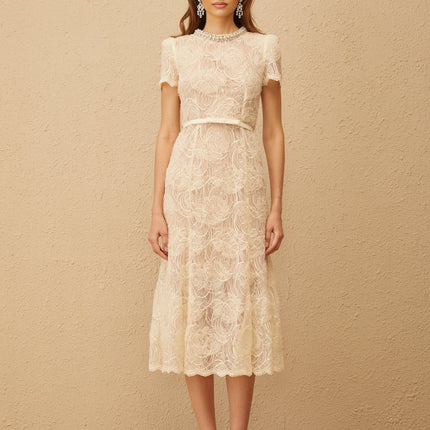 Avery White Floral Lace Crystal Embellished Midi Dress