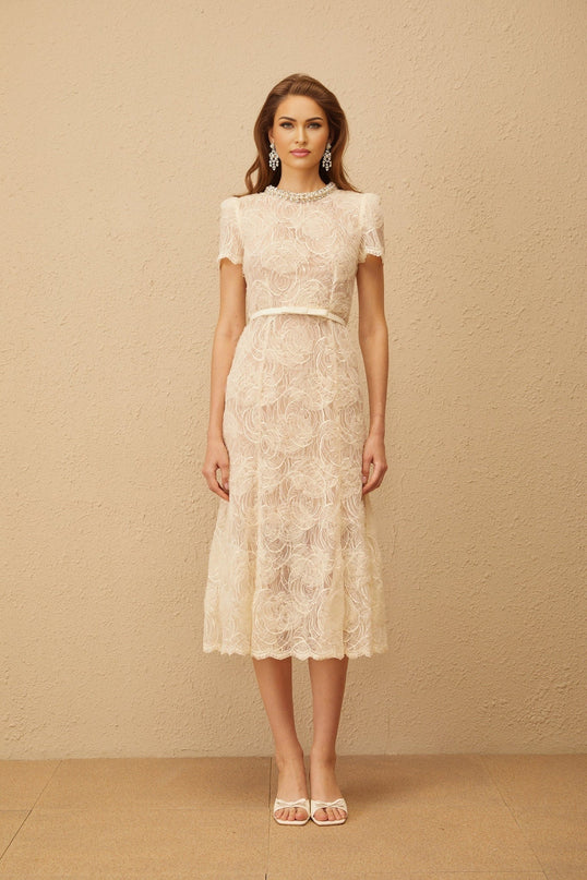 Avery White Floral Lace Crystal Embellished Midi Dress