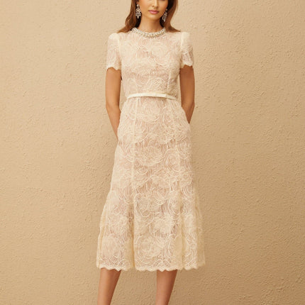 Avery White Floral Lace Crystal Embellished Midi Dress