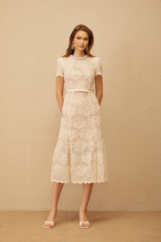Avery White Floral Lace Crystal Embellished Midi Dress