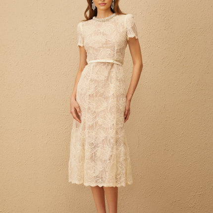 Avery White Floral Lace Crystal Embellished Midi Dress