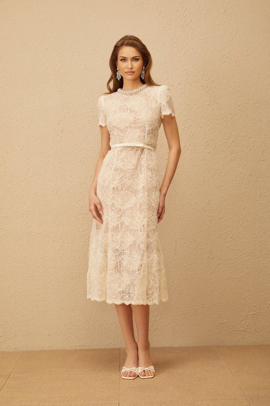 Avery White Floral Lace Crystal Embellished Midi Dress