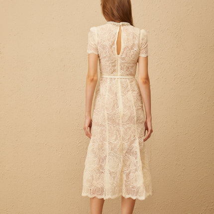 Avery White Floral Lace Midi Dress with Crystal, Faux-Pearl, and Bead Embellishments