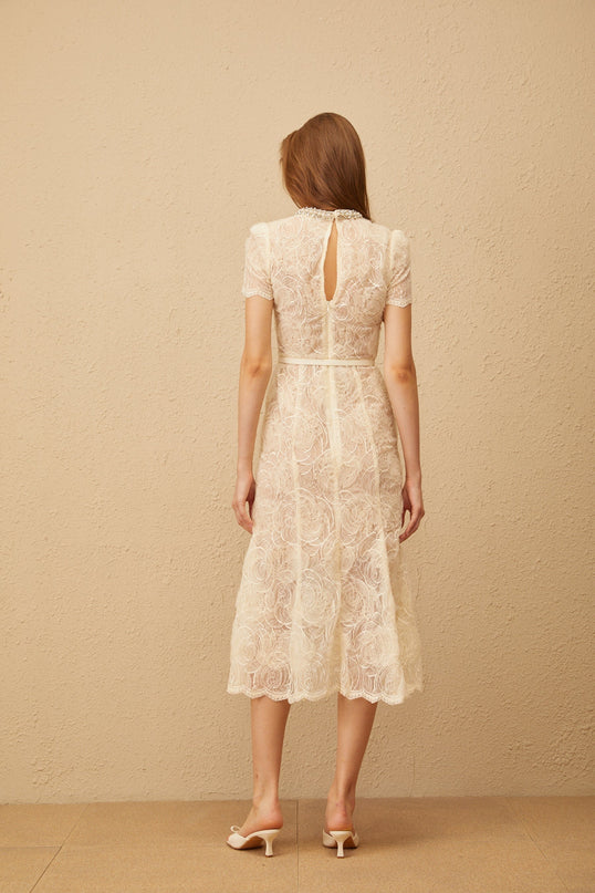 Avery White Floral Lace Midi Dress with Crystal, Faux-Pearl, and Bead Embellishments