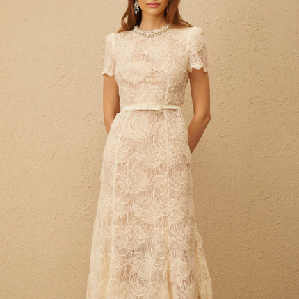 Avery White Floral Lace Midi Dress with Crystal and Faux-Pearl Embellishments