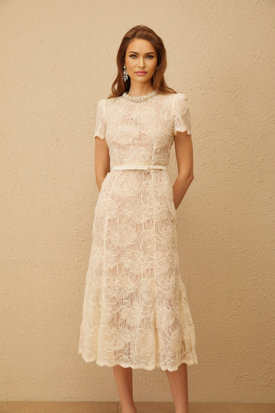 Avery White Floral Lace Midi Dress with Crystal and Faux-Pearl Embellishments