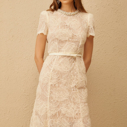 Avery White Floral Lace Midi Dress with Crystal and Faux-Pearl Embellishments