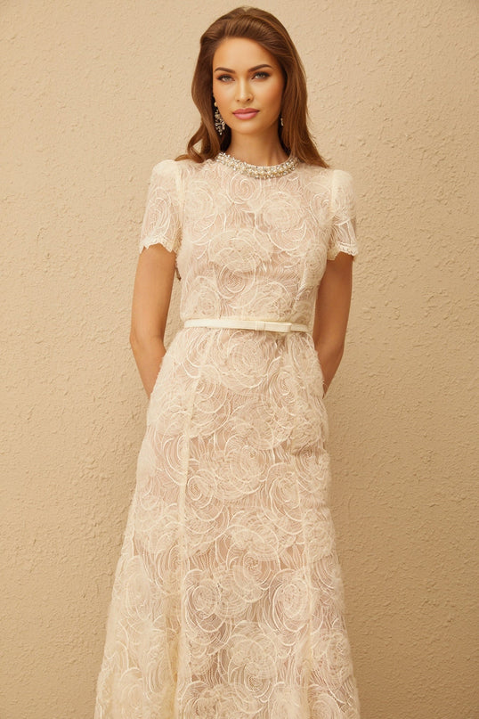 Avery White Floral Lace Midi Dress with Crystal and Faux-Pearl Embellishments