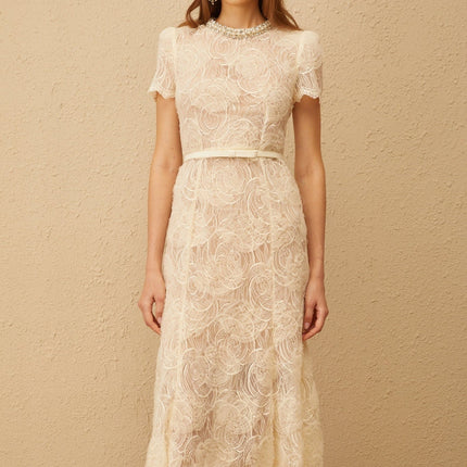 Avery White Floral Lace Midi Dress with Crystal and Pearl Embellishments