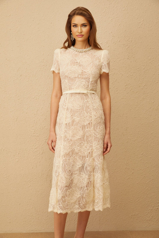 Avery White Floral Lace Midi Dress with Crystal and Pearl Embellishments