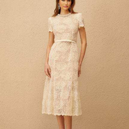 Avery White Floral Lace Midi Dress with Crystal and Faux-Pearl Embellishments