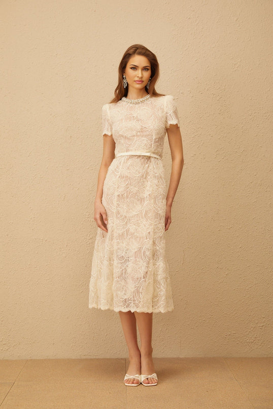 Avery White Floral Lace Midi Dress with Crystal and Faux-Pearl Embellishments