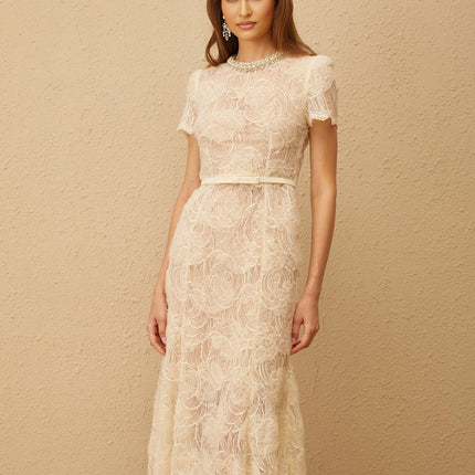 Avery White Floral Lace Midi Dress with Crystal and Pearl Embellishments