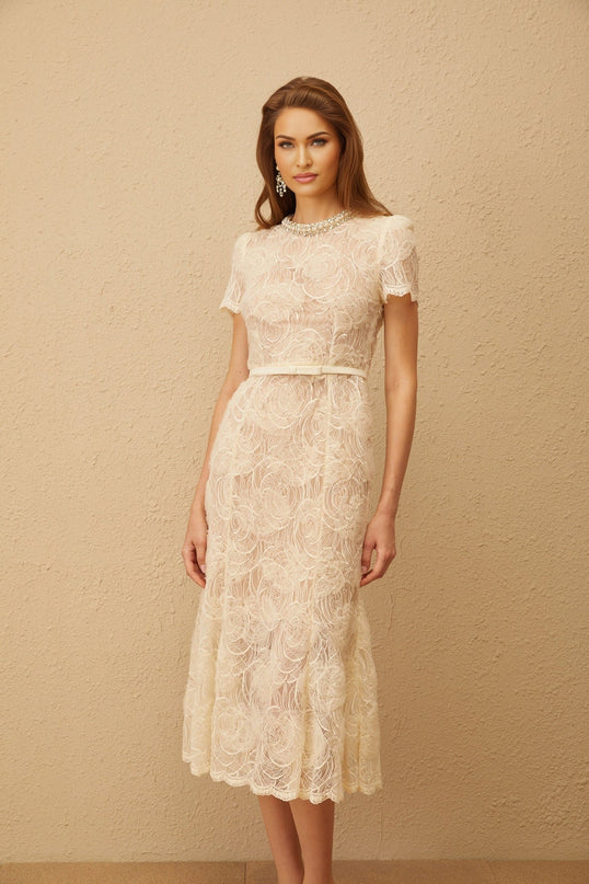 Avery White Floral Lace Midi Dress with Crystal and Pearl Embellishments