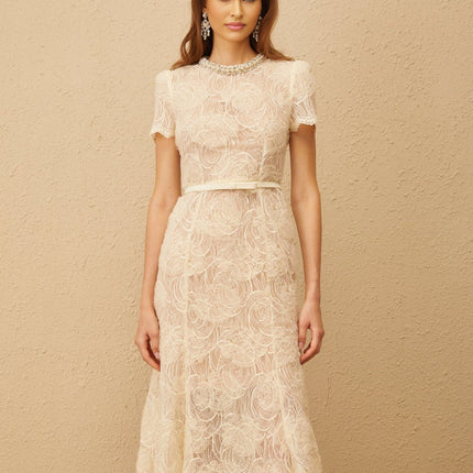 Avery White Floral Lace Midi Dress with Crystal and Faux-Pearl Embellishments