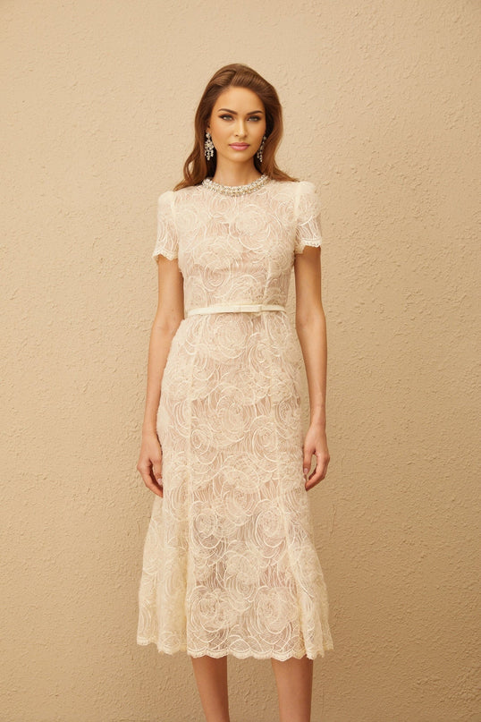 Avery White Floral Lace Midi Dress with Crystal and Faux-Pearl Embellishments