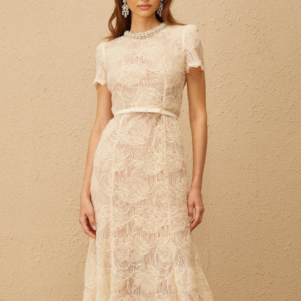 Avery White Floral Lace Midi Dress with Crystal and Pearl Embellishments