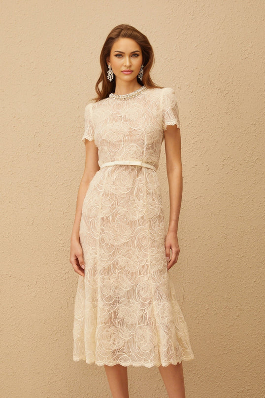 Avery White Floral Lace Midi Dress with Crystal and Pearl Embellishments