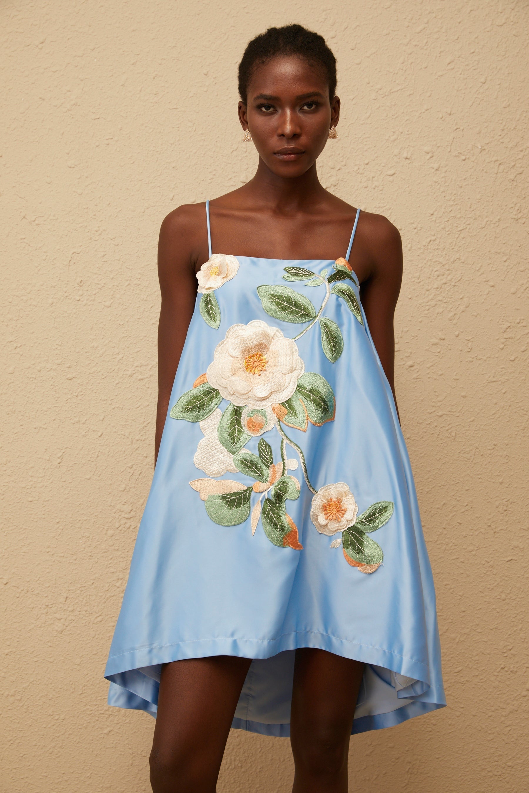 Avril Blue Floral Embroidered Satin Mini Dress