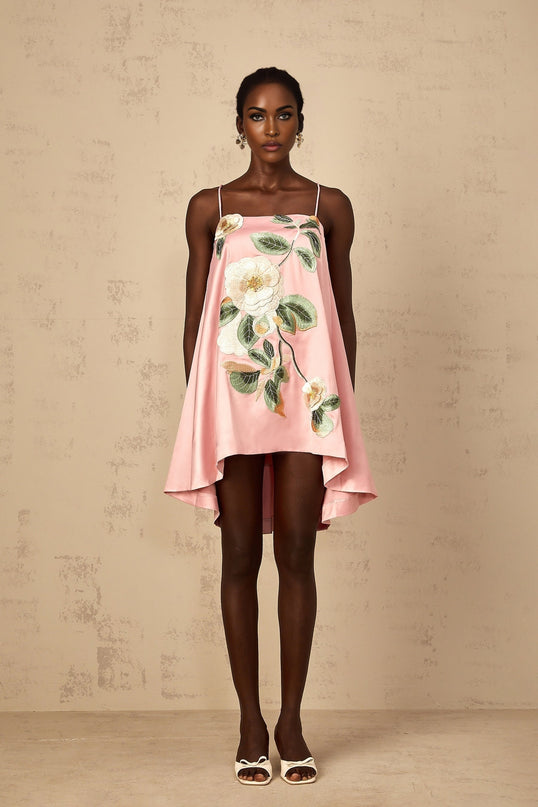 Avril Pink Floral Embroroided Satin Mini Dress