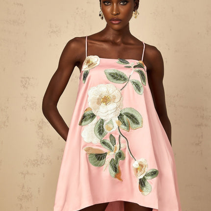 Avril Pink Floral Embroroided Satin Mini Dress