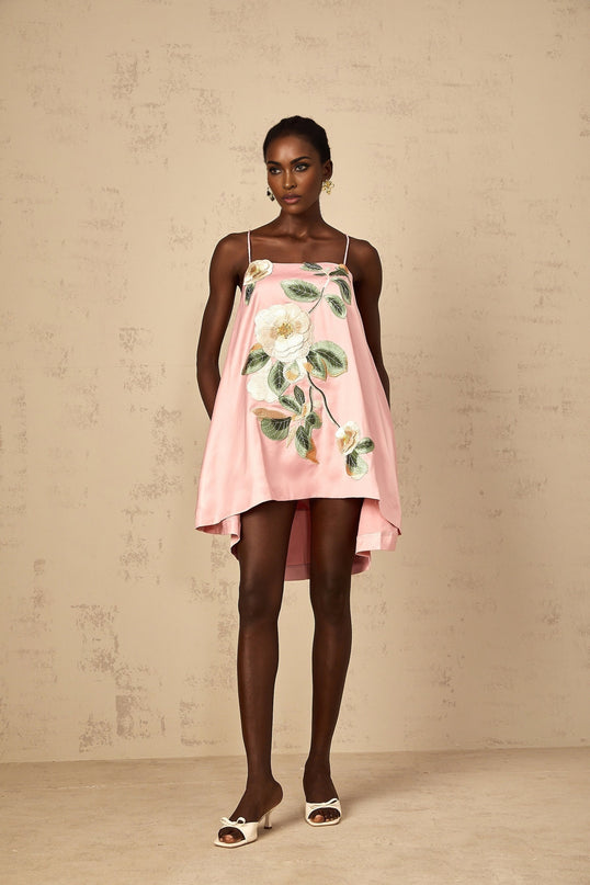 Avril Pink Floral Embroroided Satin Mini Dress