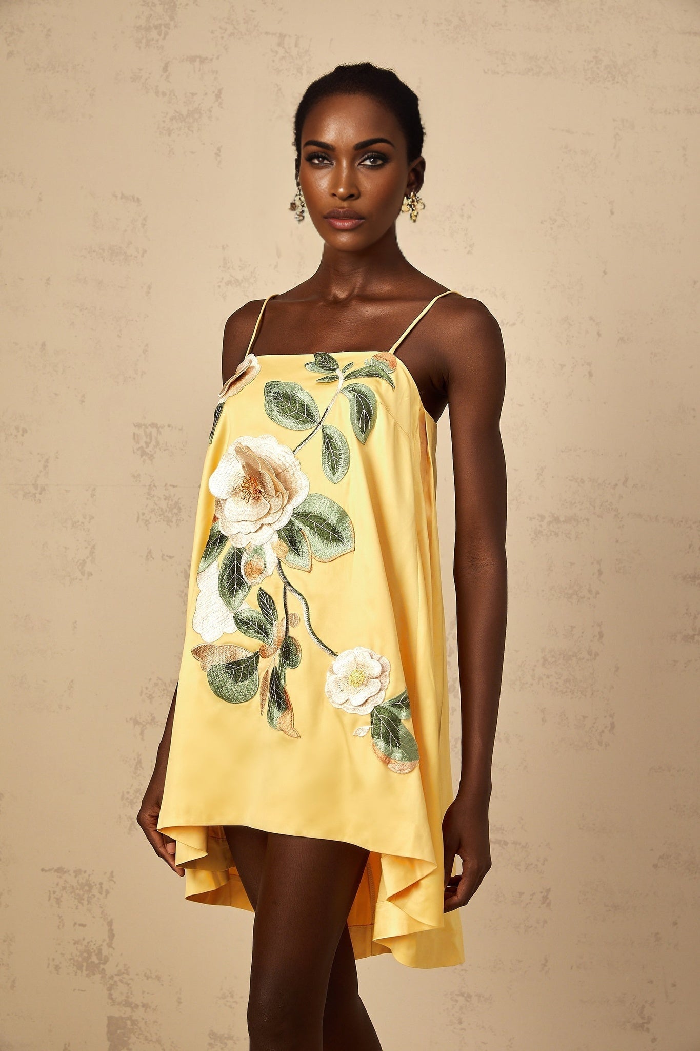 Avril Yellow Floral Embroidered Mini Dress