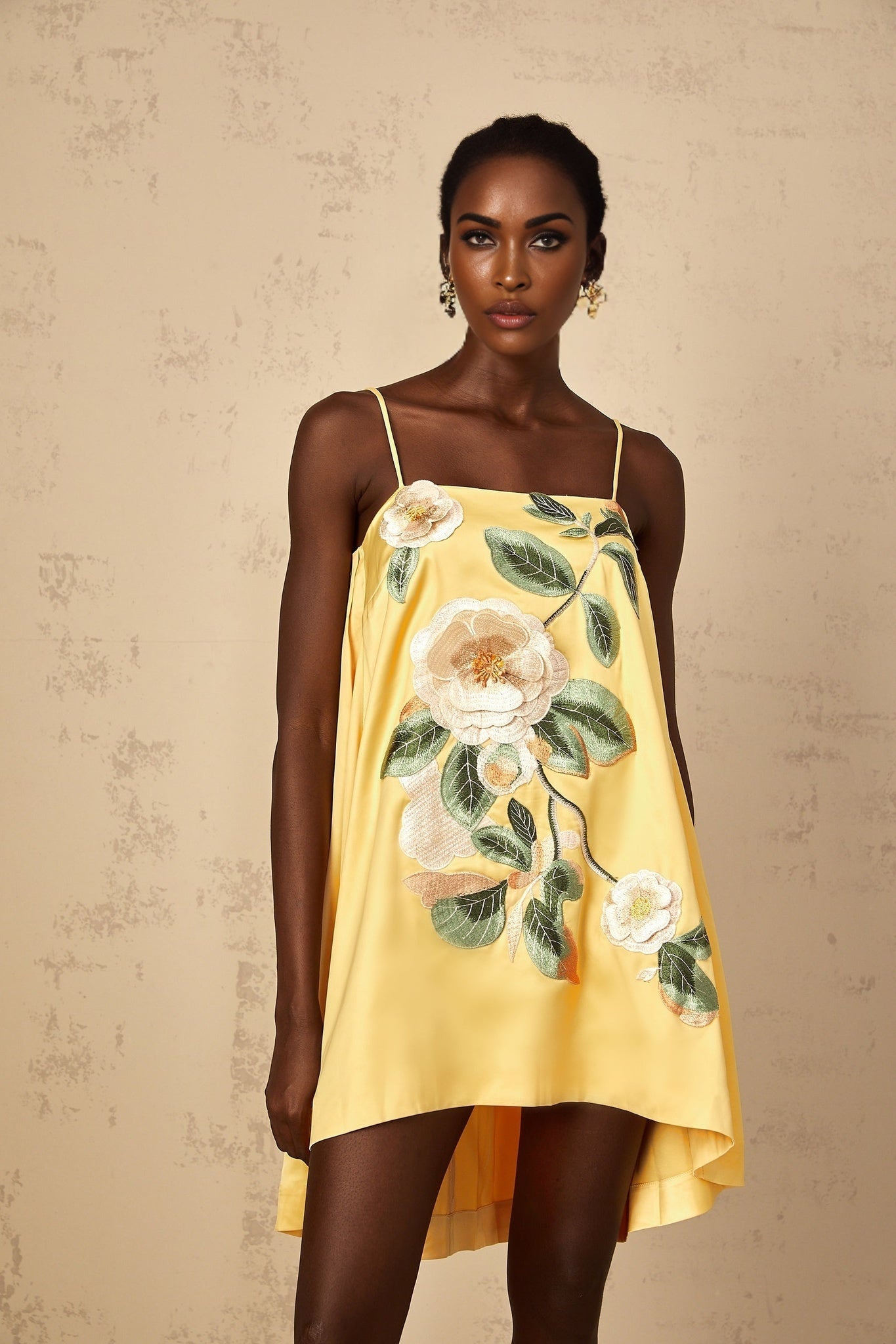 Avril Yellow Floral Embroidered Mini Dress