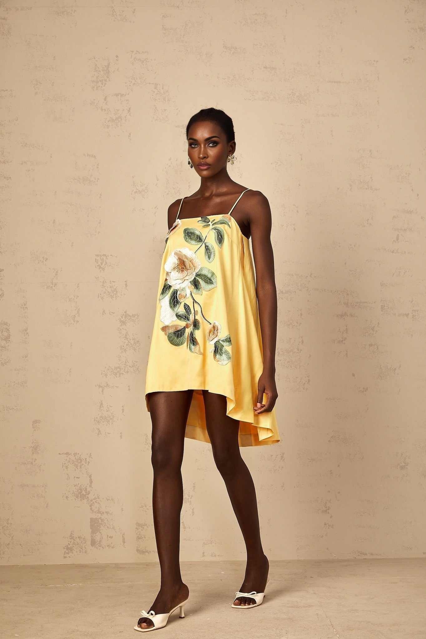 Avril Yellow Floral Embroidered Mini Dress