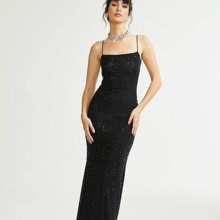 Axelle Black Sequin Embellished Midi Dress with Spaghetti Straps