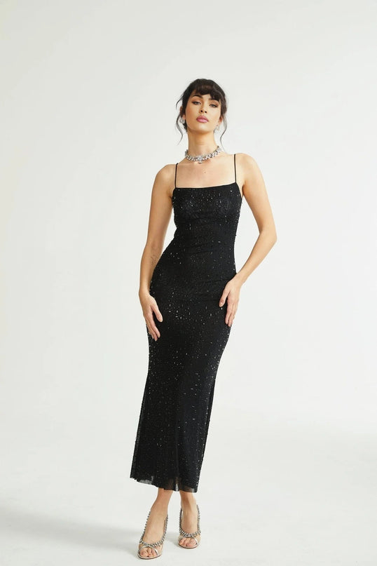 Axelle Black Sequin Embellished Midi Dress with Spaghetti Straps